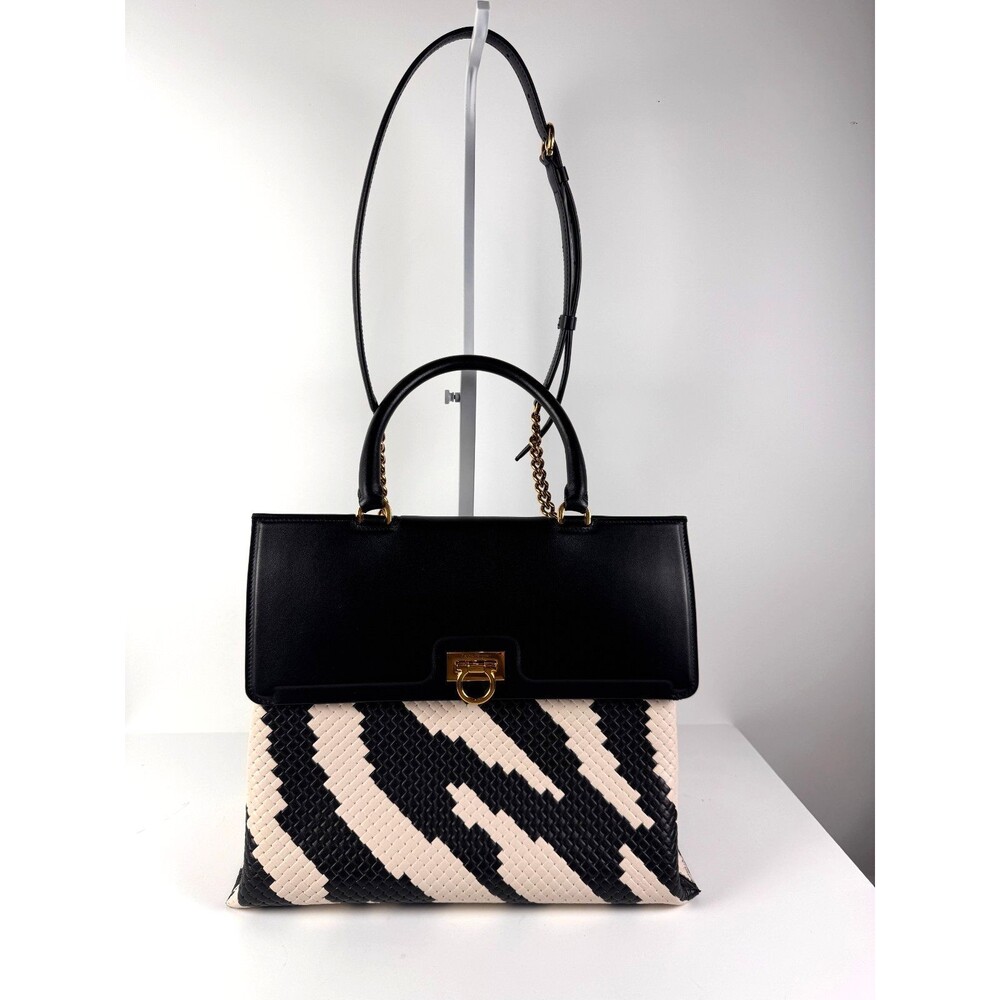 SALVATORE FERRAGAMO Trifolio Leather Two Way Bag Black and White Zebra Gold Hdwr